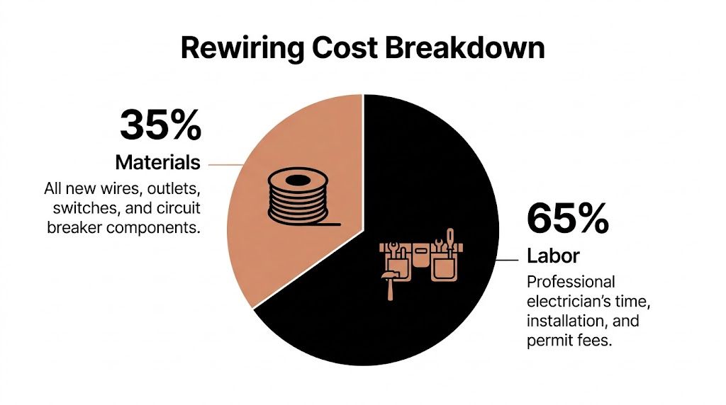 A pie chart displaying the cost breakdown of rewiring a home, showing 35% for materials and 65% for labor.