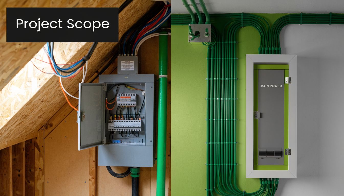 A split-screen comparison showing an old, disorganized electrical panel versus a modern, organized main power box.