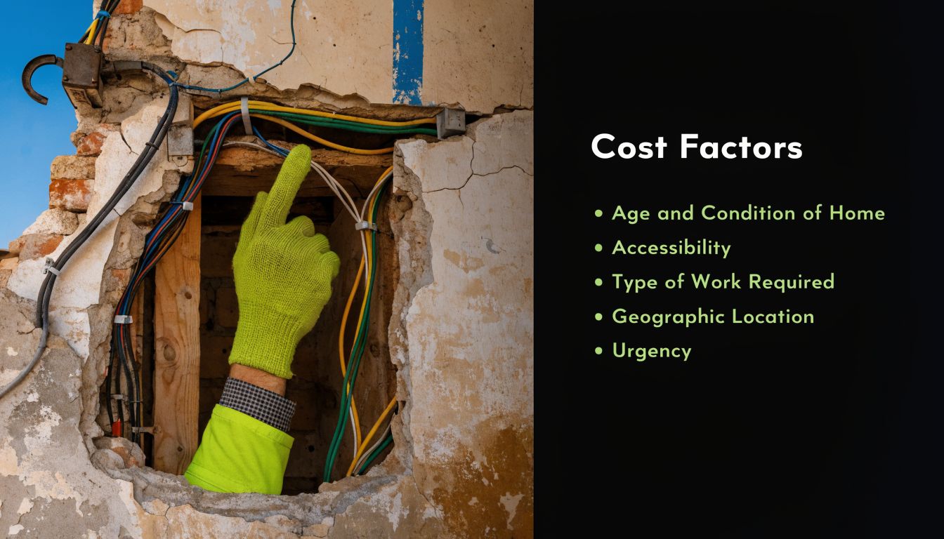 A professional electrician points to wiring inside a damaged home wall while listing various cost factors.
