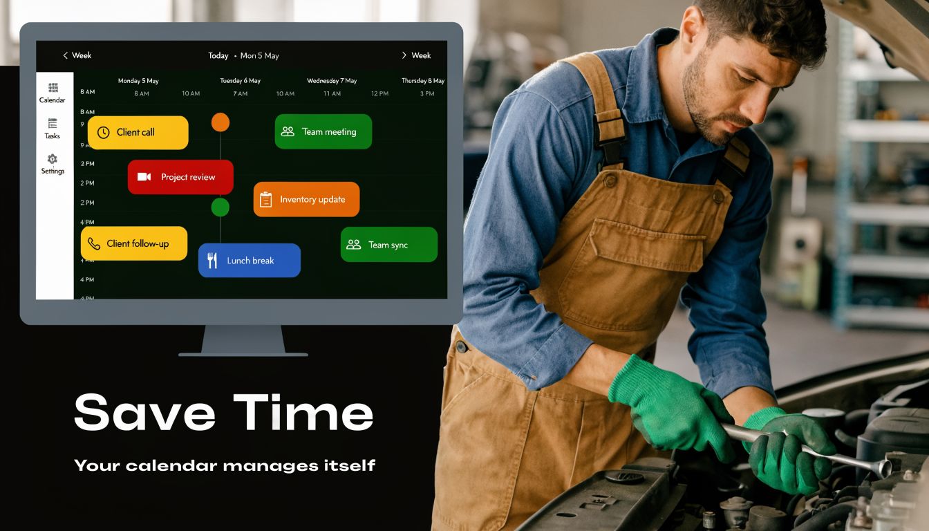 A mechanic works on a car engine next to a digital calendar interface for business time management.