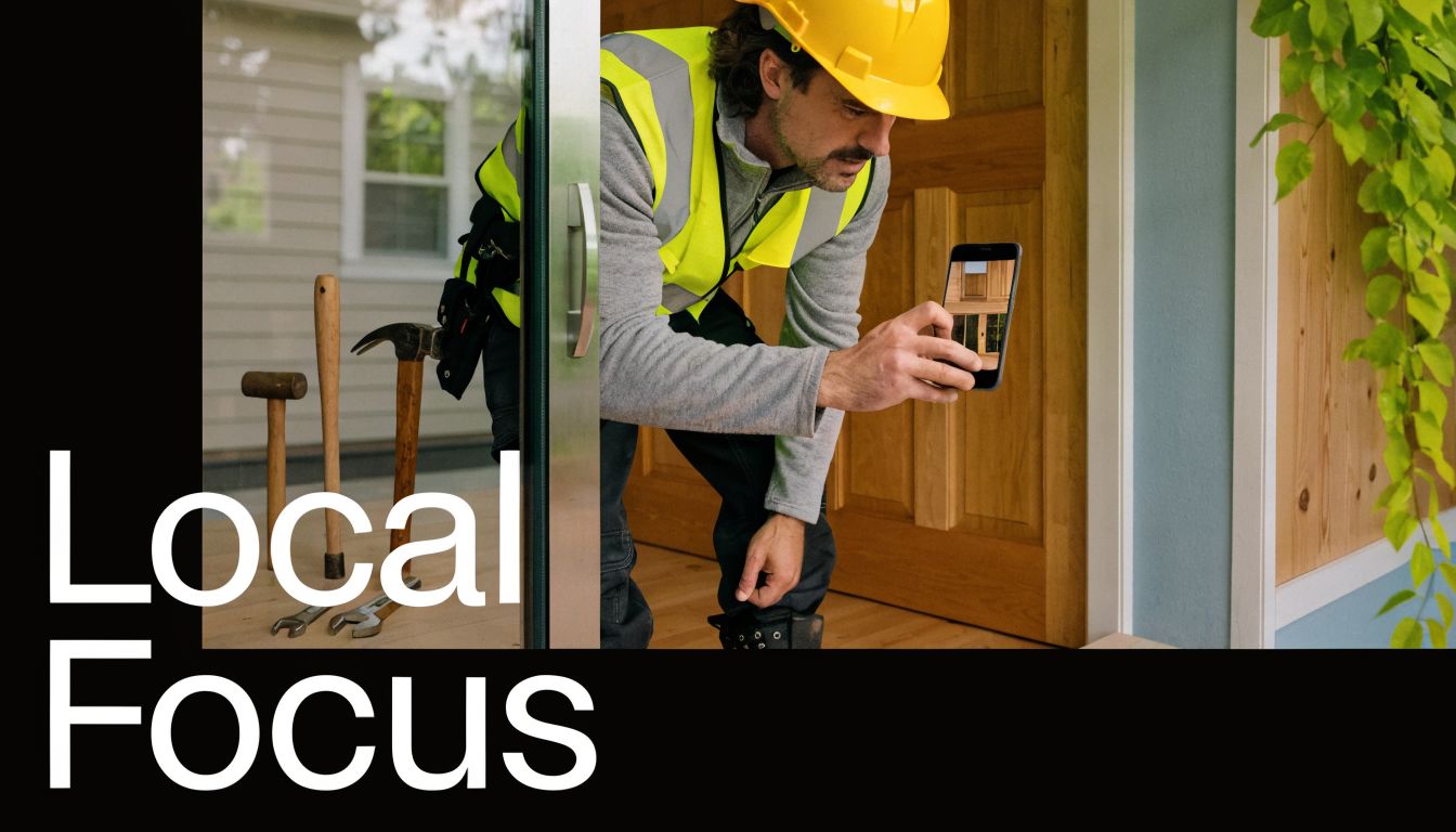 A construction worker in a safety vest and hard hat taking a photo of a home project.