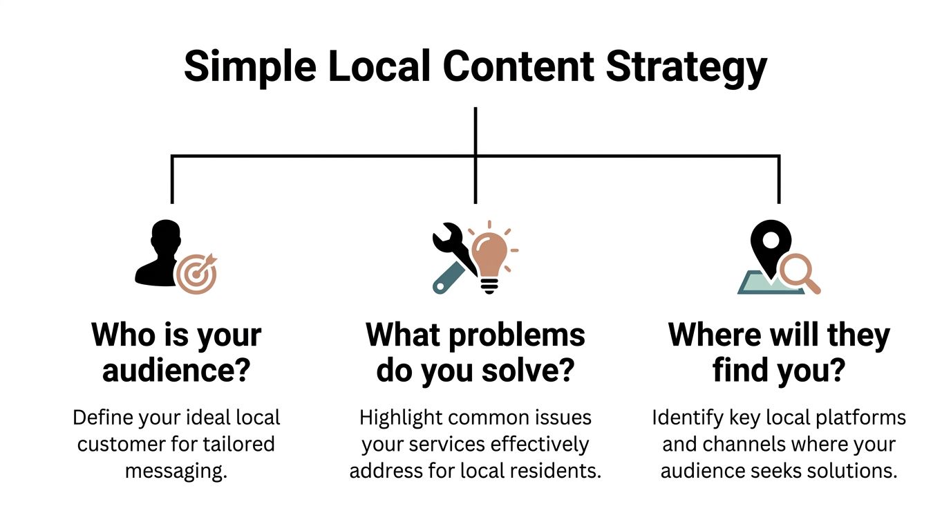 A simple infographic outlining three key steps for creating an effective local business content marketing strategy.