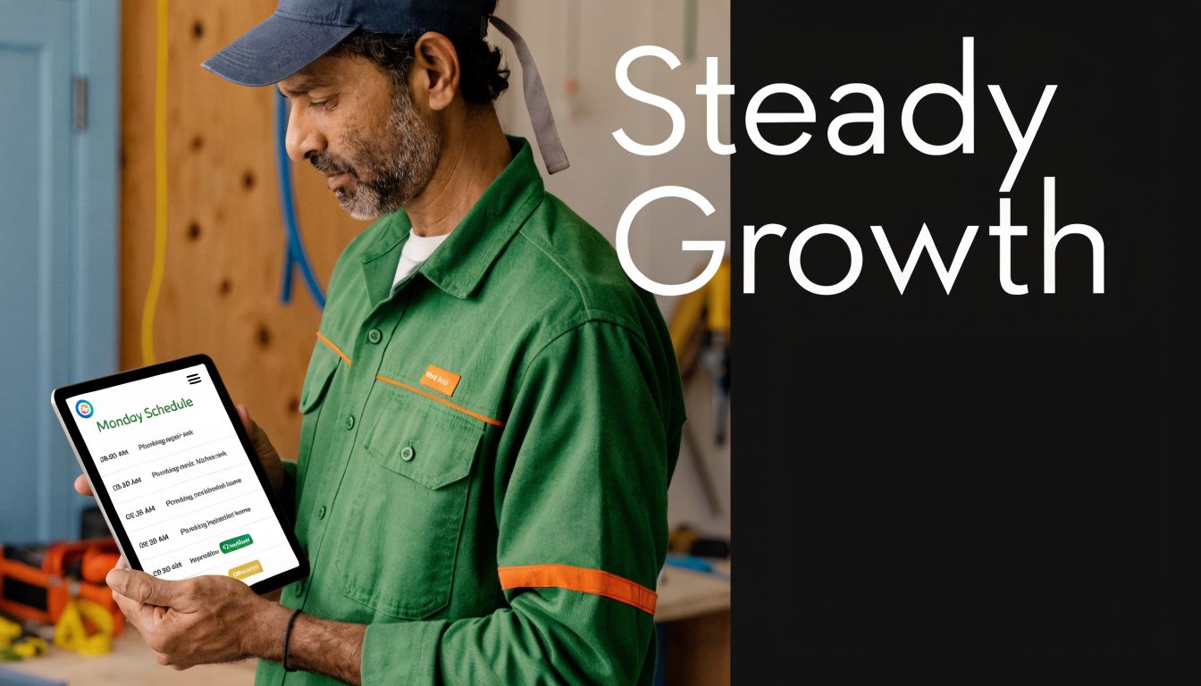 A professional technician checking a digital schedule on a tablet while standing in a workshop setting.