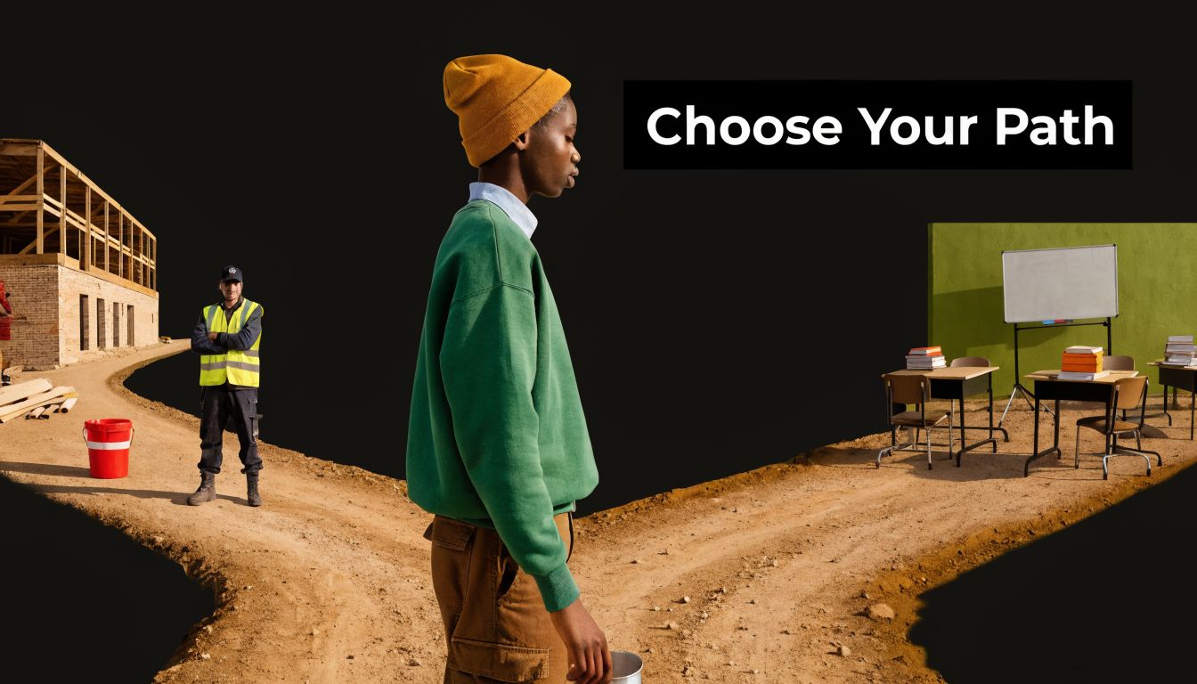 A person standing at a crossroads choosing between a career in construction or pursuing academic studies.