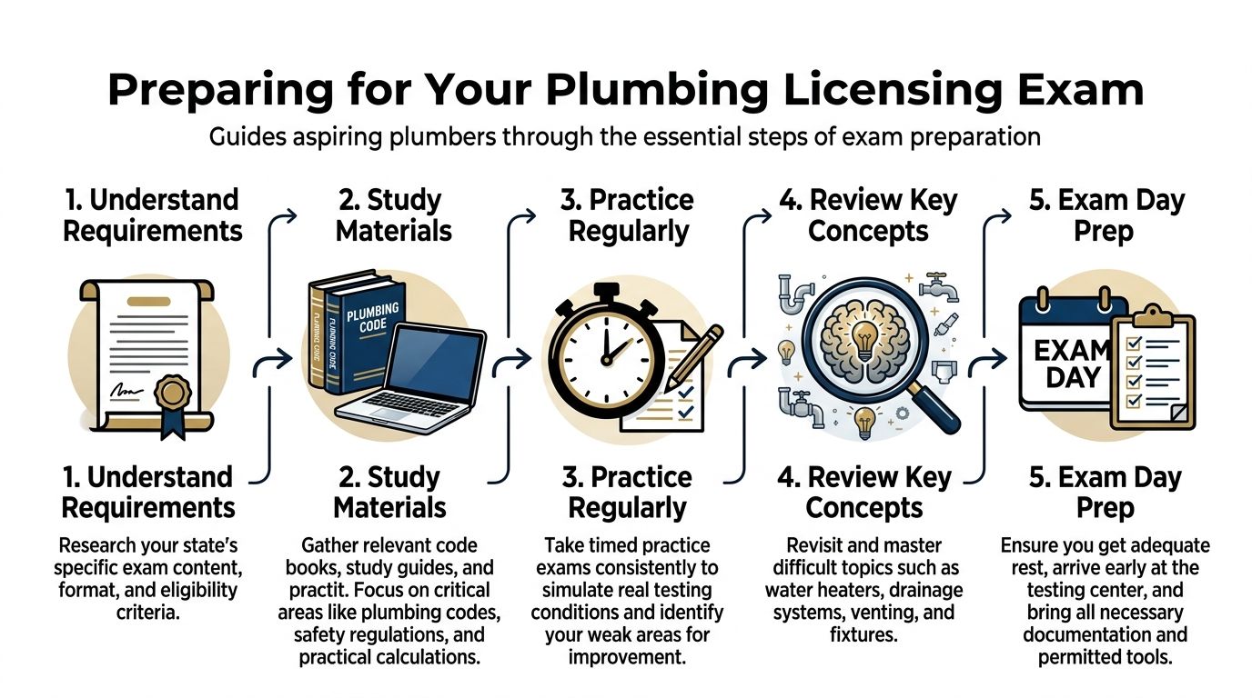 A flowchart infographic guiding aspiring plumbers through five essential steps to prepare for a plumbing licensing exam.
