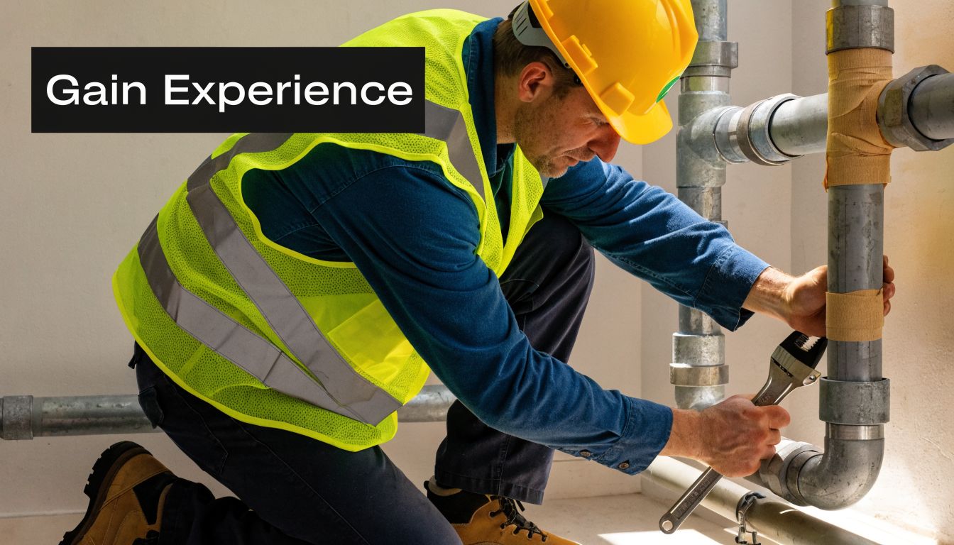 A professional plumber wearing a hard hat and safety vest works on metal pipes with a wrench.