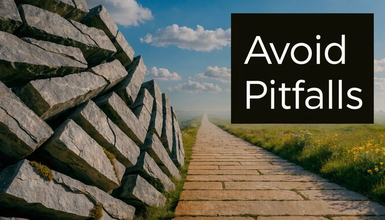 A stone pathway stretching into the horizon next to a large rock formation with the text Avoid Pitfalls.