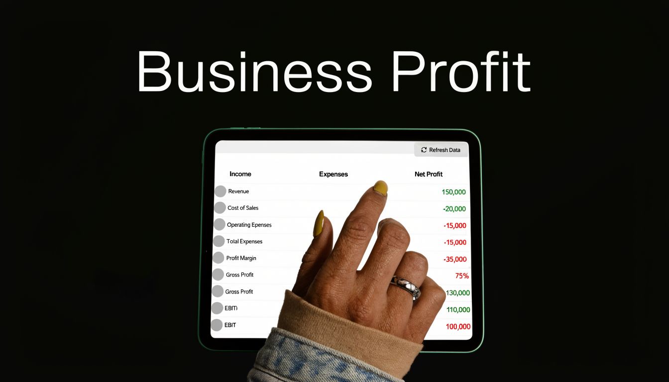 A person using a digital tablet to review business profit data and financial metrics.