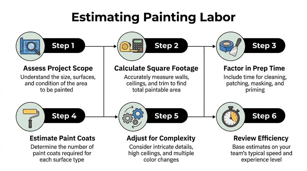 A six-step infographic illustrating the professional process for estimating labor costs for painting projects.