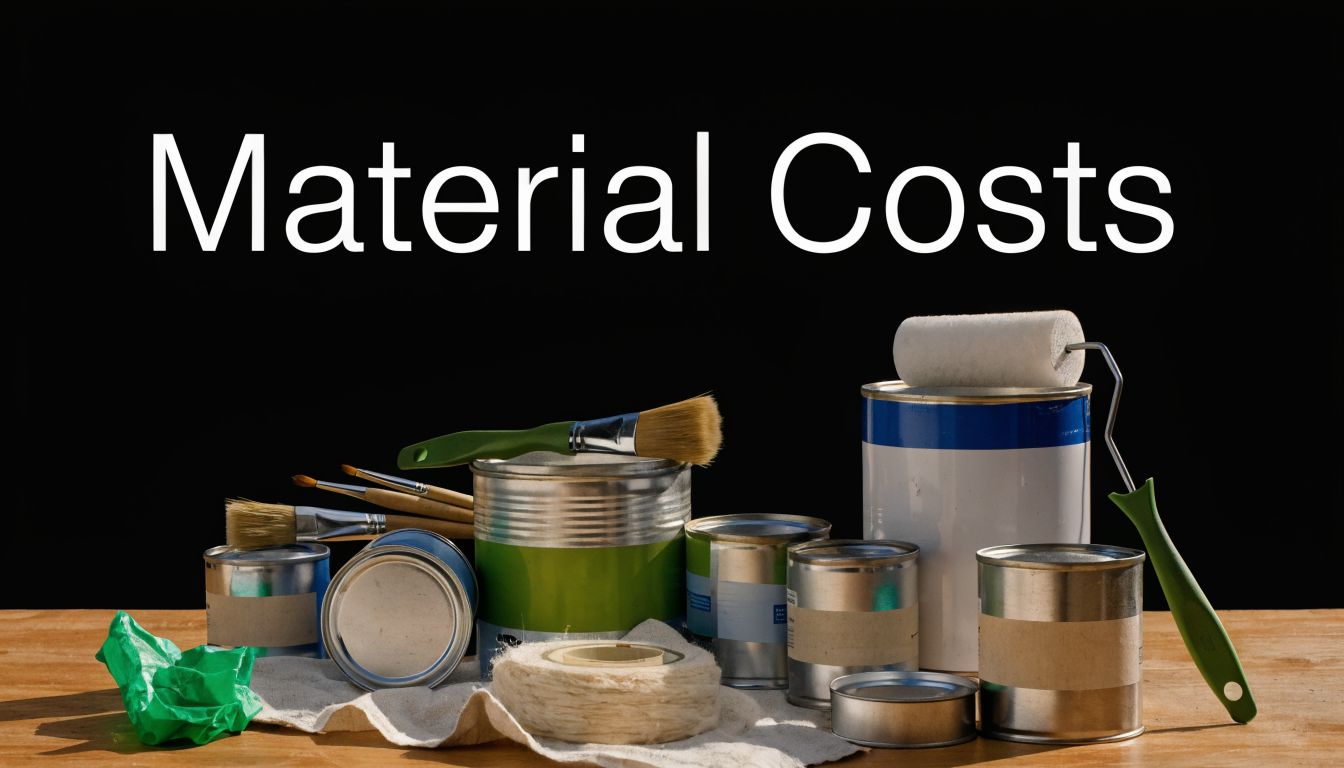 A collection of paint cans, brushes, and rollers on a wooden surface with the text Material Costs.