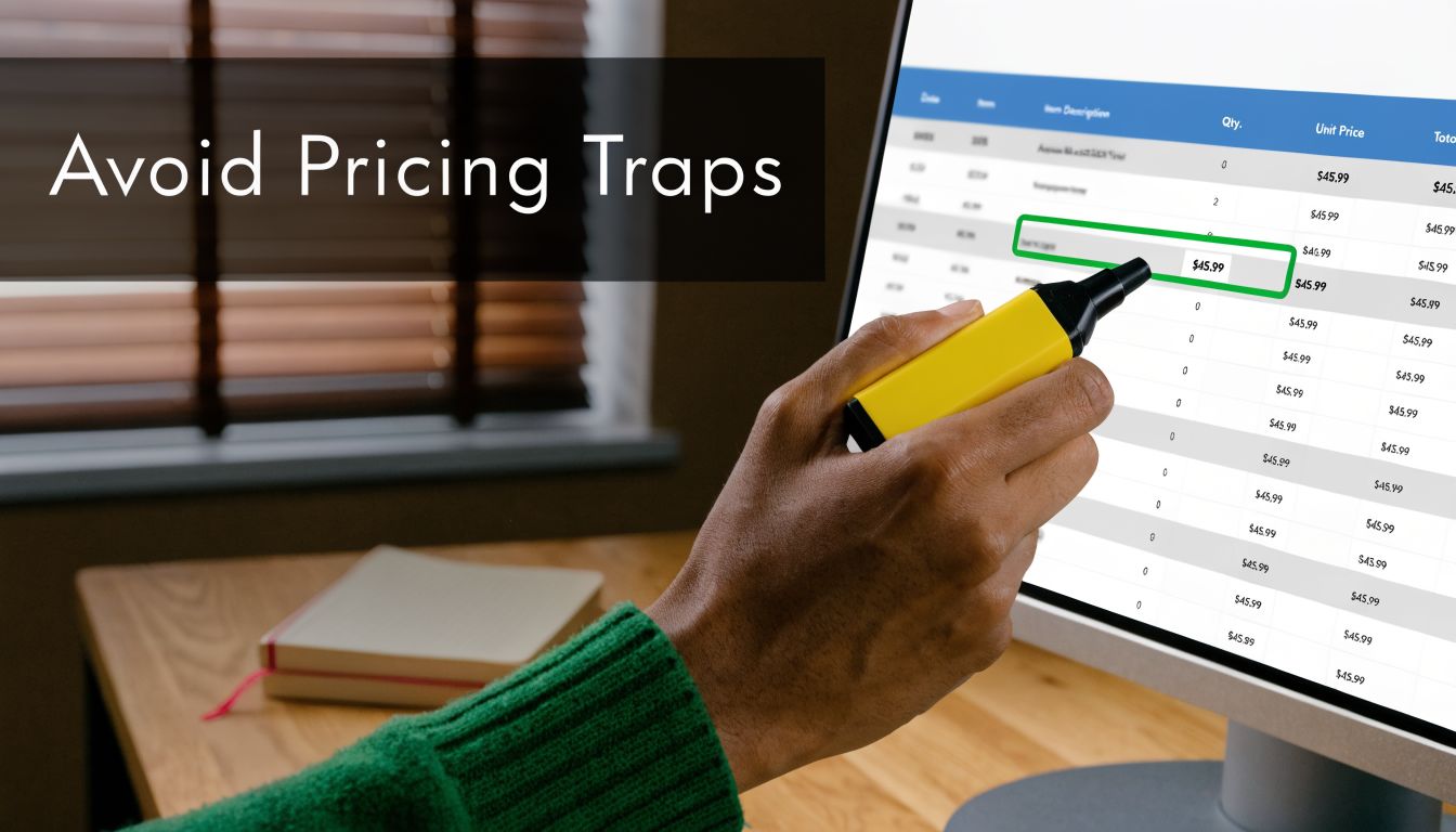 A person using a yellow marker to highlight pricing data on a computer screen in an office.