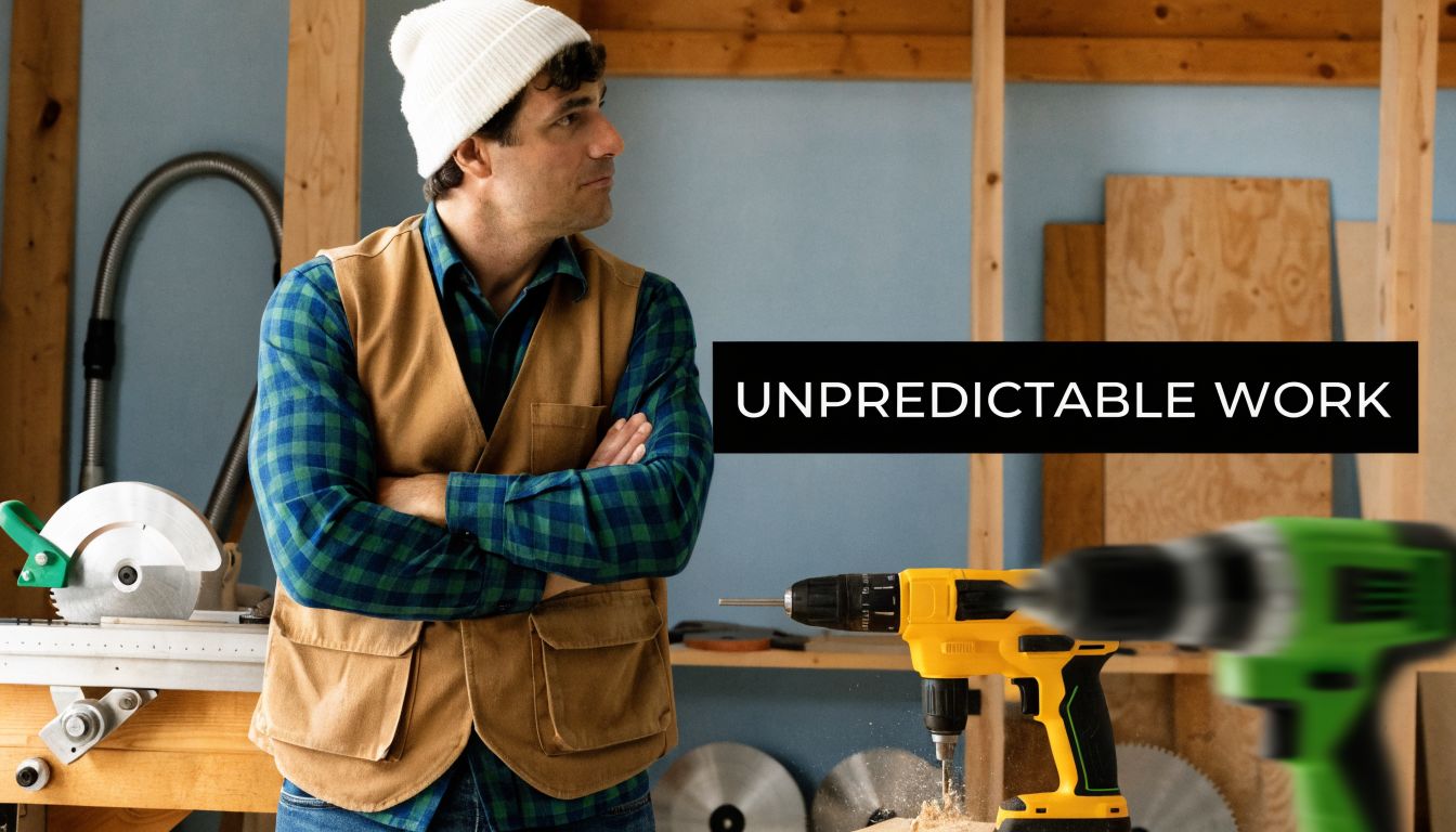 A professional contractor in a workshop looking at a drill, representing unpredictable work in construction jobs.