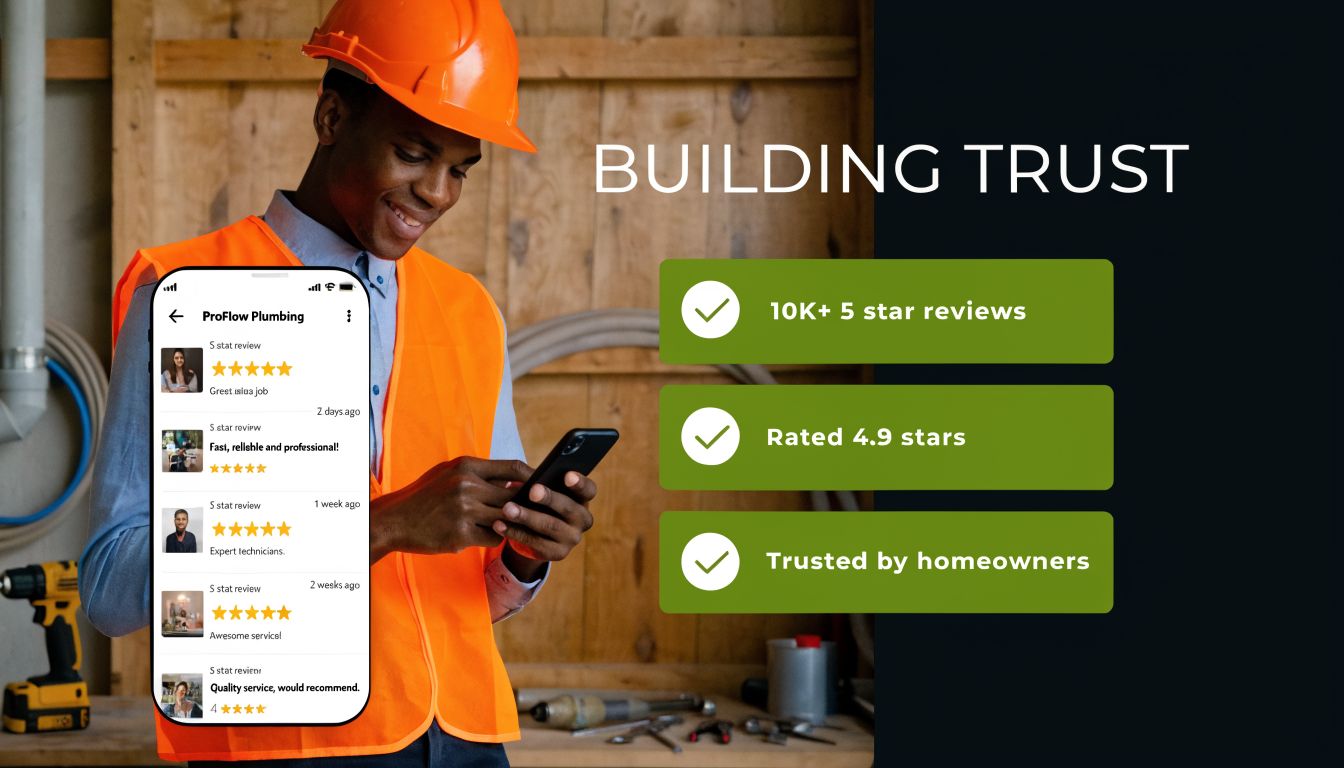 A professional plumber in safety gear looking at reviews on his smartphone to showcase customer trust.