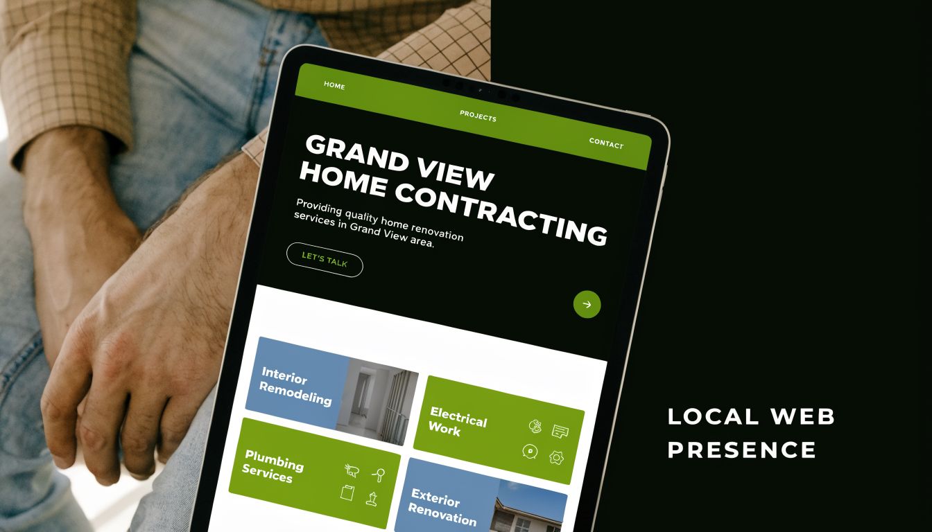 A digital tablet displaying a professional website for Grand View Home Contracting on a dark background.