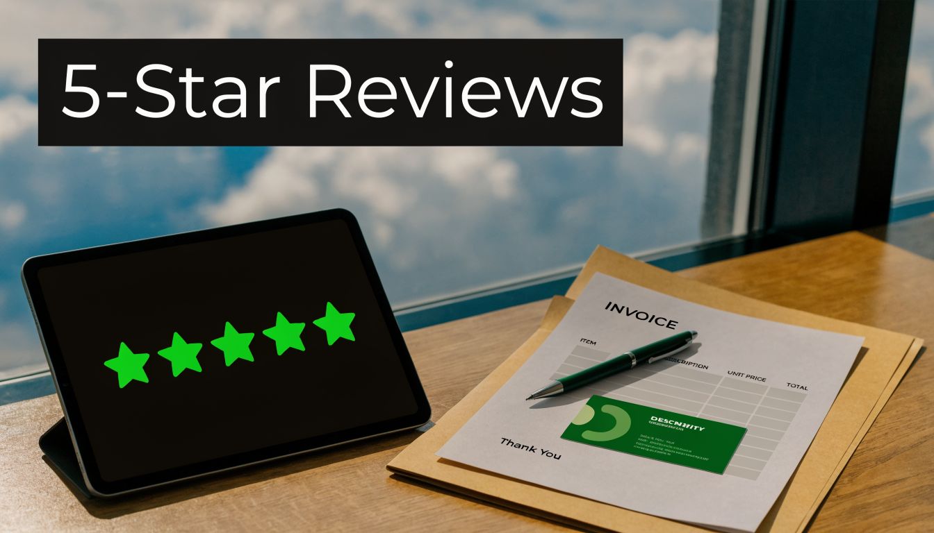 A tablet displaying five green stars next to an invoice and a business card on a wooden desk.