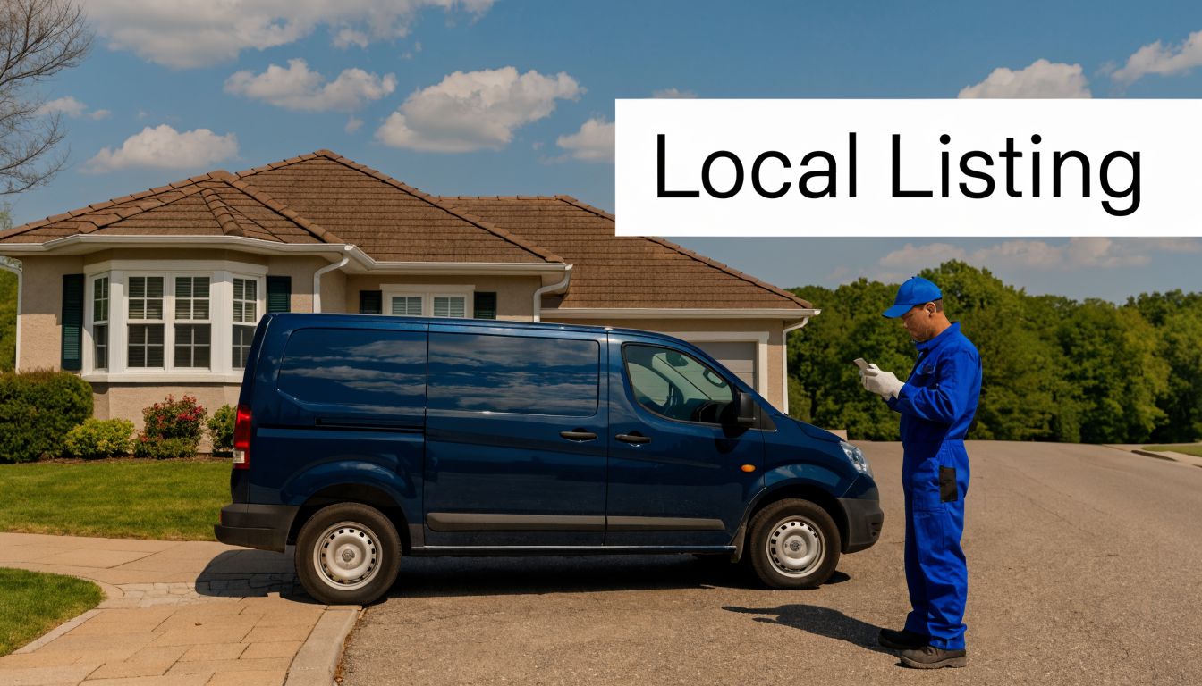 A professional plumber in blue work uniform standing next to a service van in a suburban street.