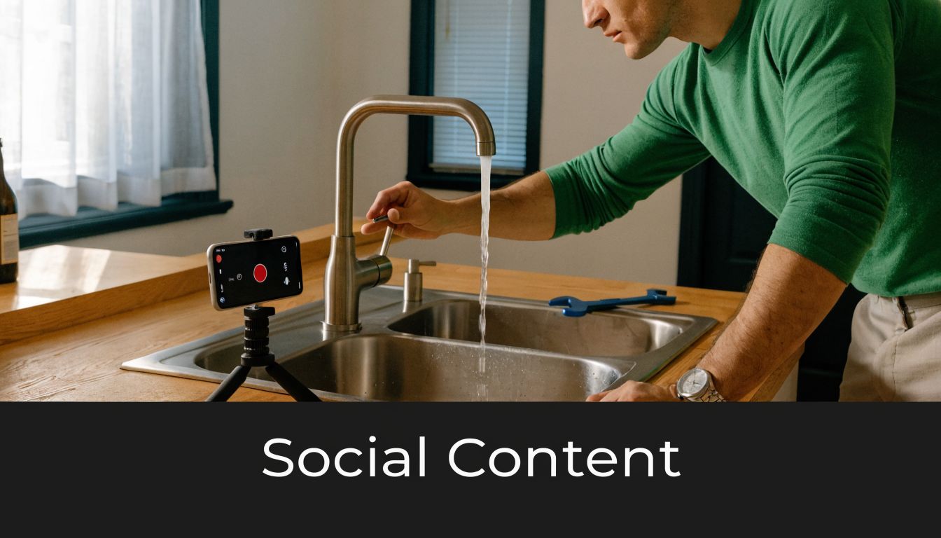 A man in a green shirt records a plumbing video in a kitchen with a smartphone on tripod.