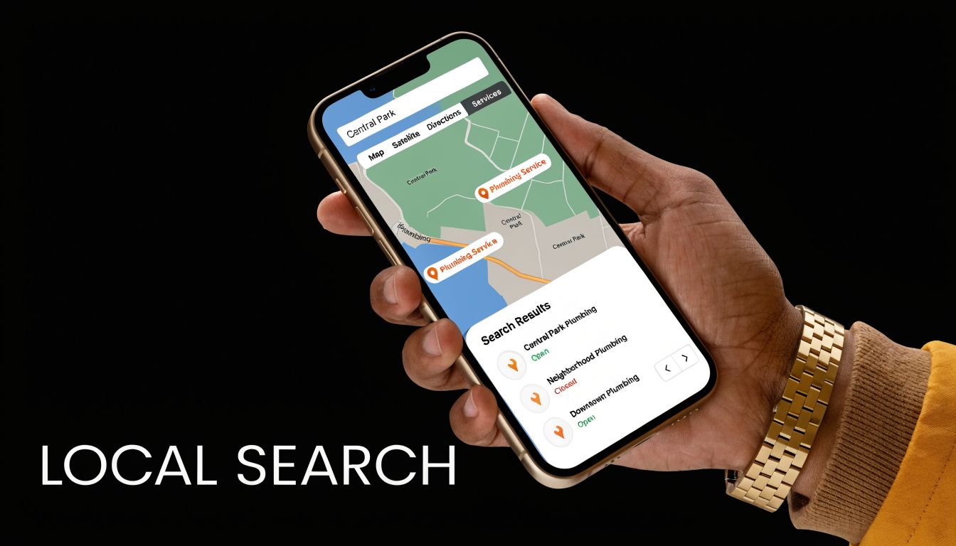 A hand holding a smartphone showing a local business search map for plumbing services.