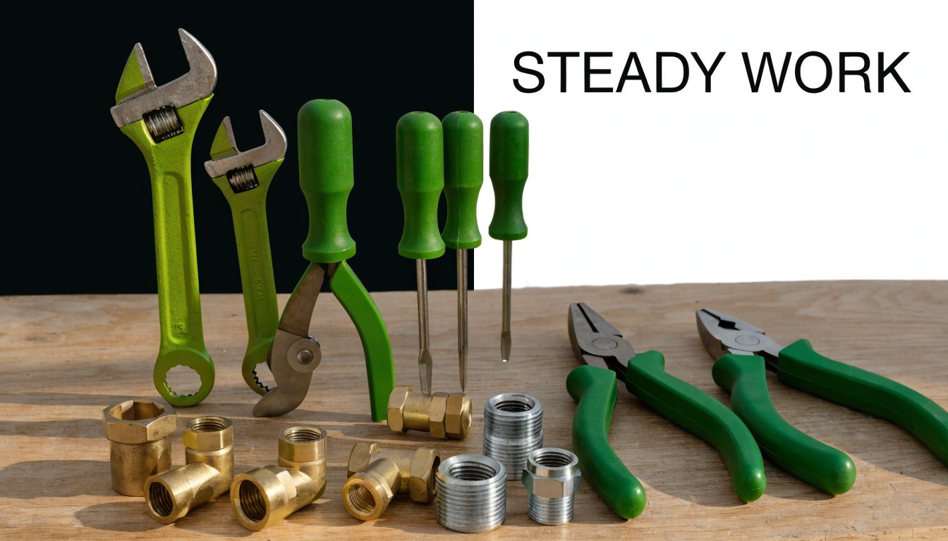 An assortment of green-handled plumber tools and various brass and steel pipe fittings on wood.