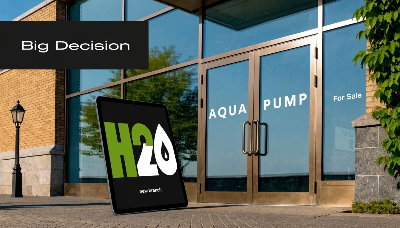 A digital display in front of a commercial storefront with a For Sale sign on the glass.