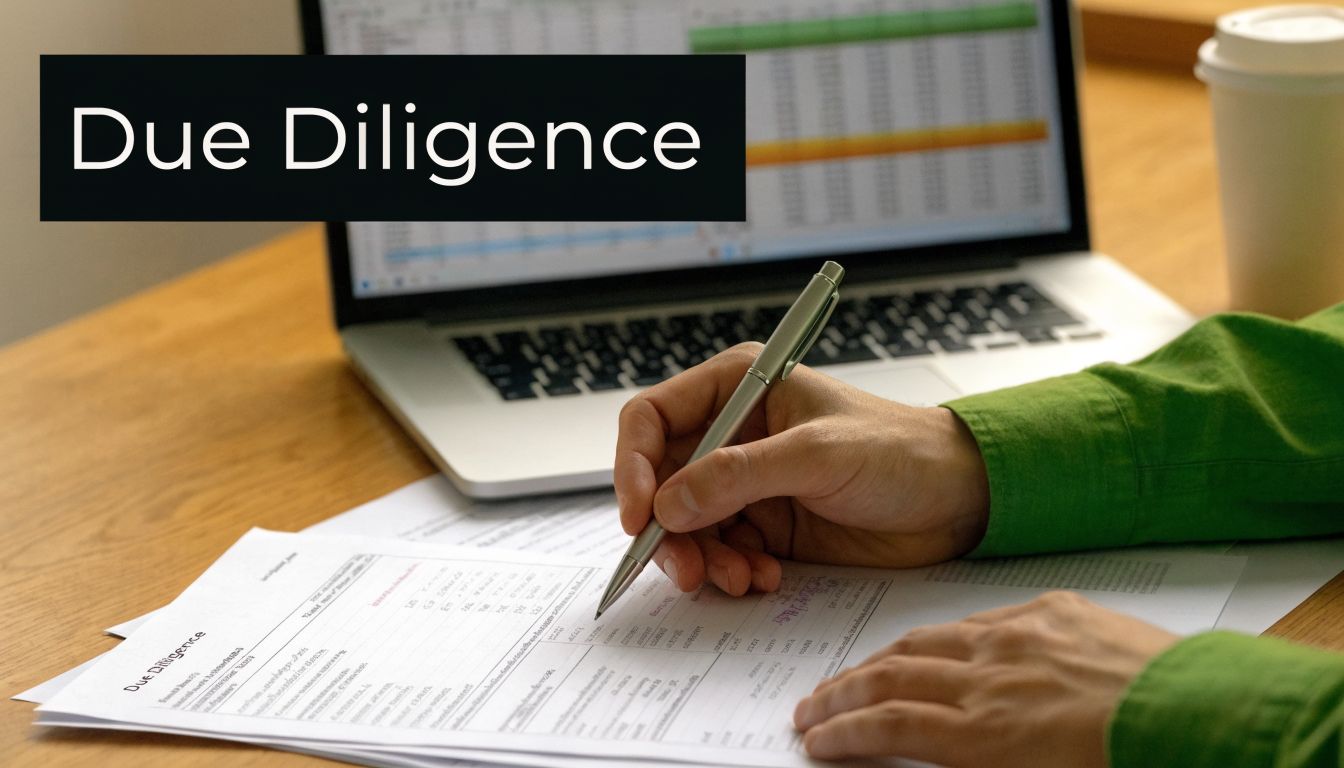 A professional reviewing business documents with a pen while working on a laptop at a desk.