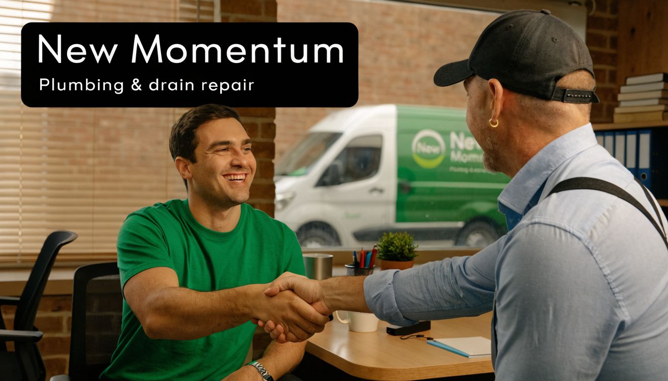 A happy customer shaking hands with a plumbing business professional in an office setting.