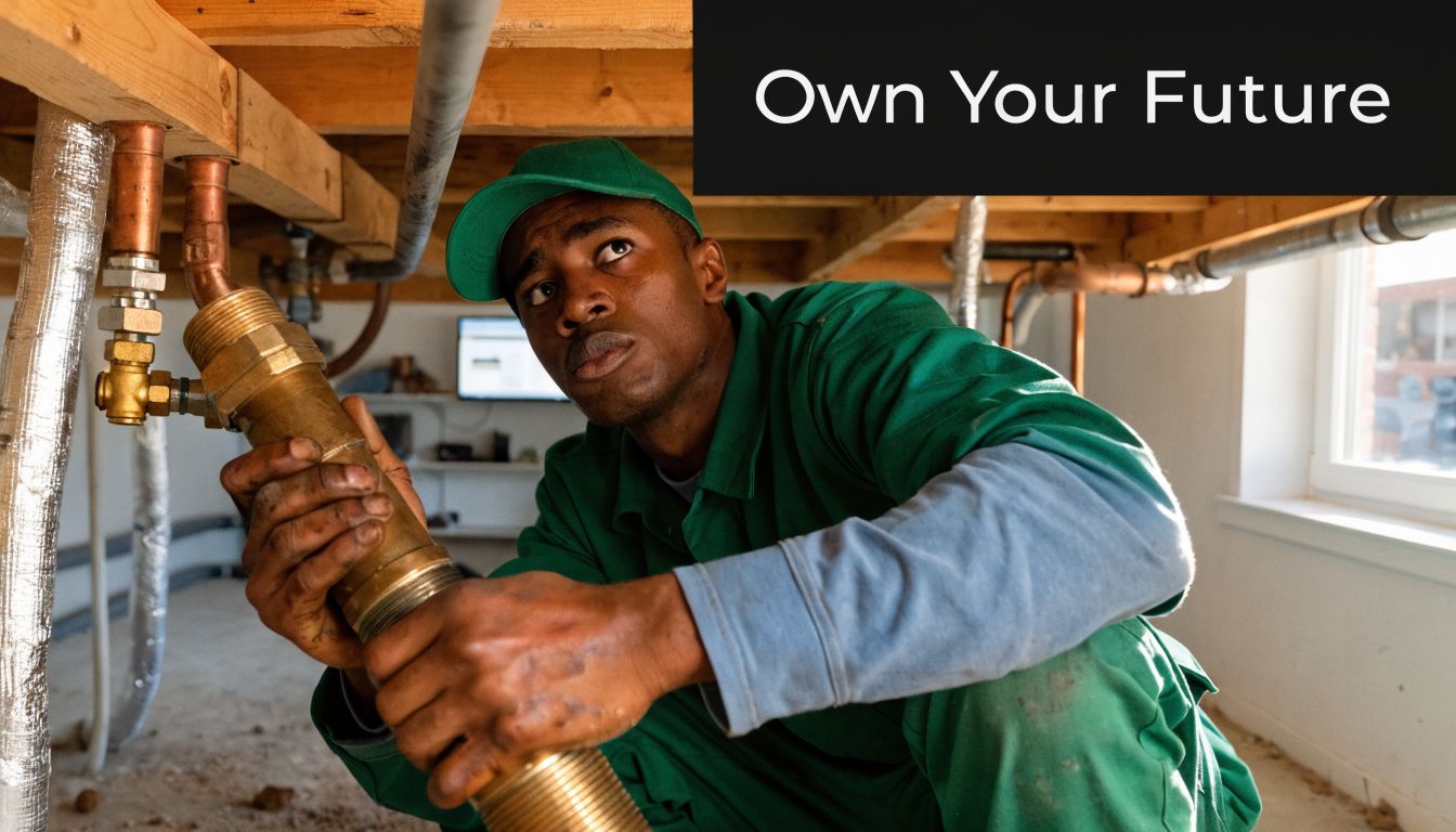 A professional plumber in a green uniform installing or repairing pipes in a basement construction area.