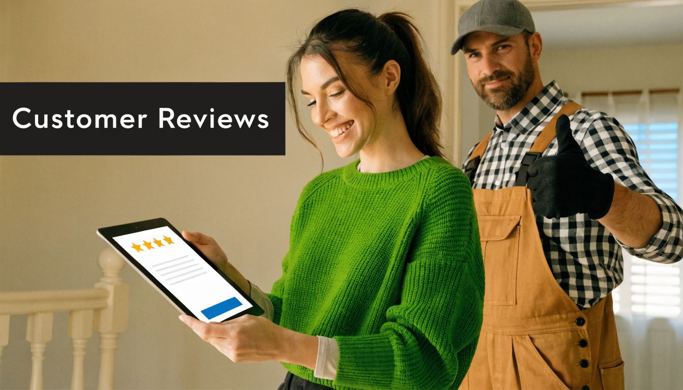 A smiling woman holding a tablet showing a four-star review next to a plumber giving a thumbs up.
