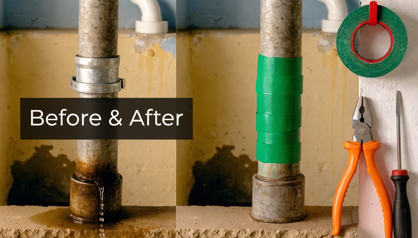 A split image showing a leaking metal plumbing pipe before and after applying green repair tape.