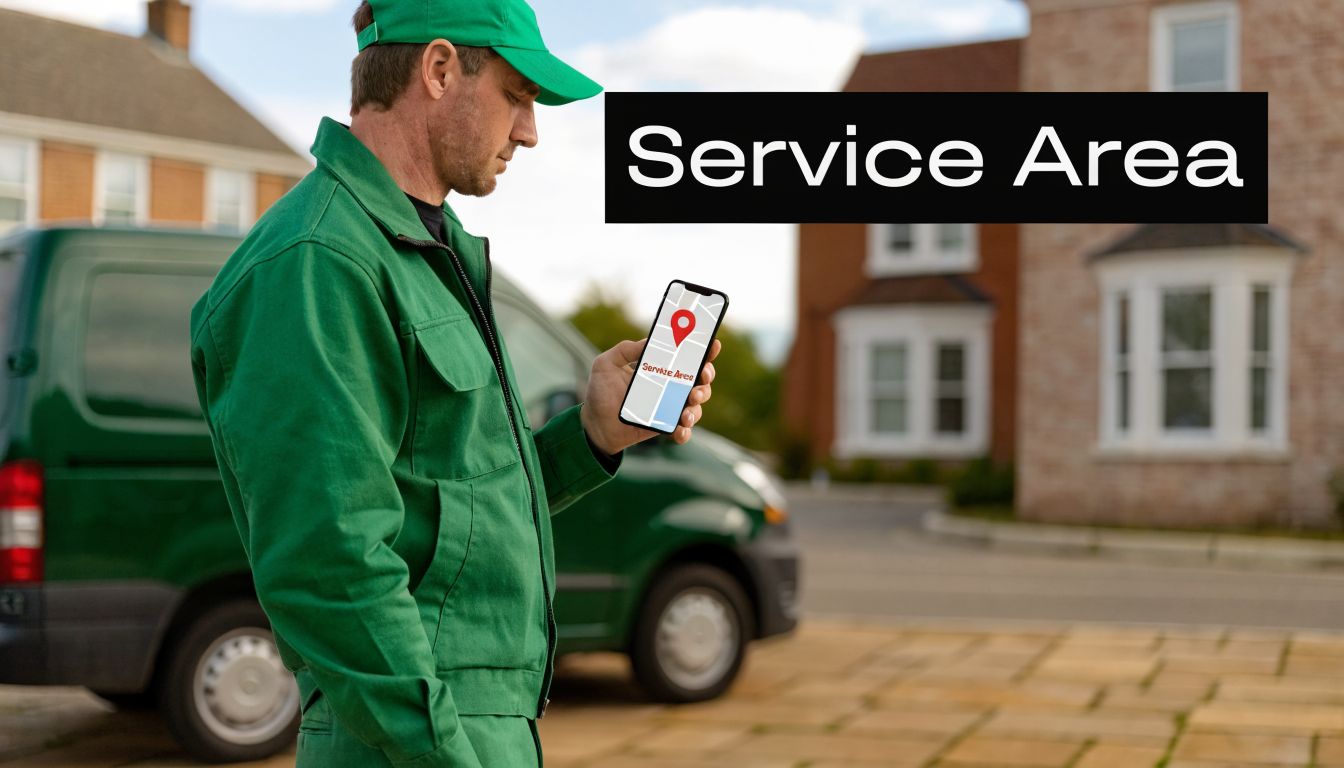 A service technician in a green uniform using a mobile phone to check his service area map.