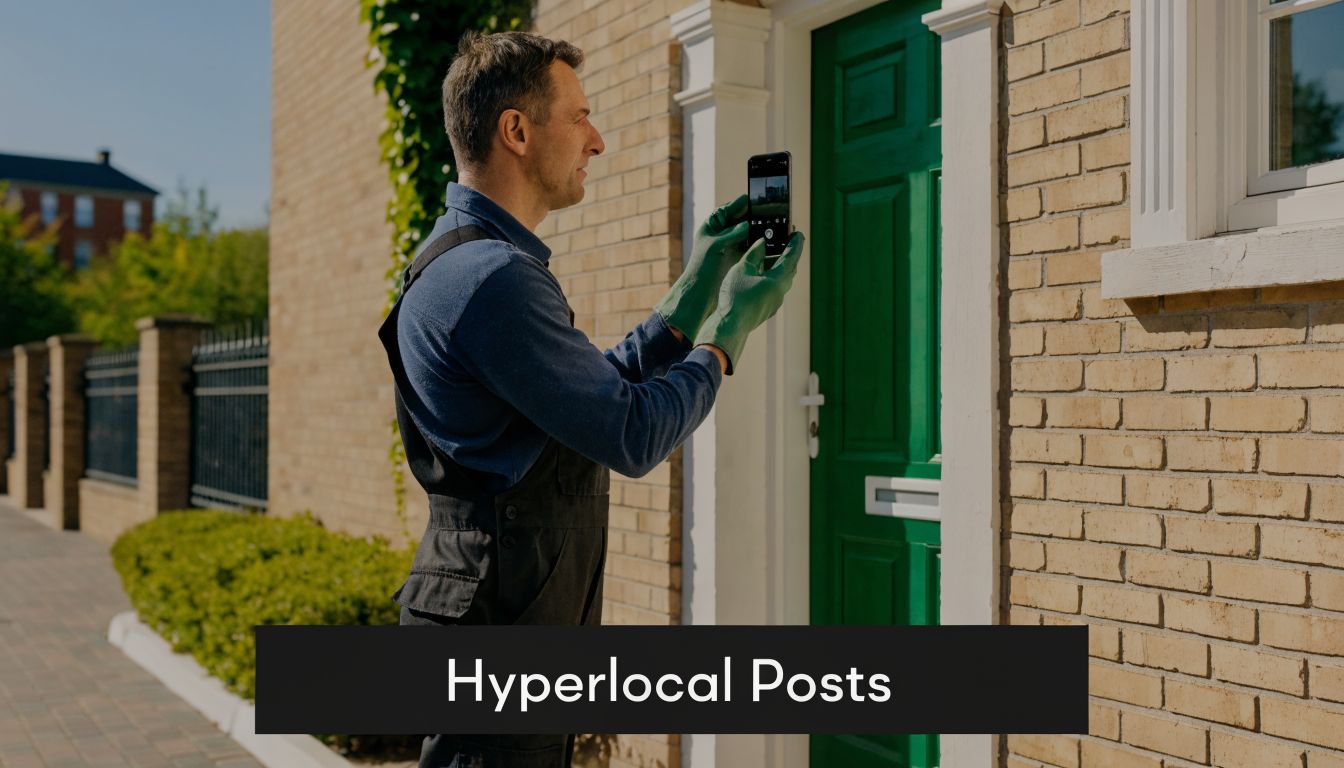 A professional tradesman wearing work clothes and gloves using his smartphone to take photos of a door.
