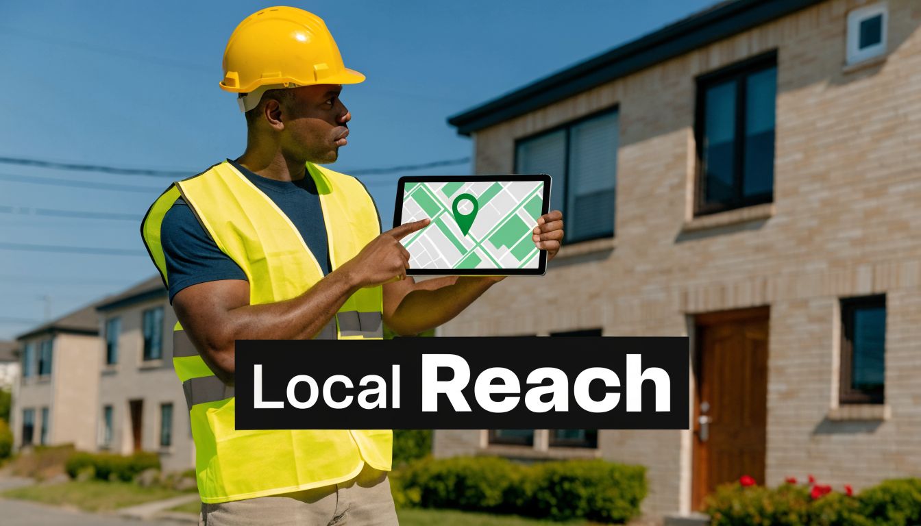 A construction worker in a high-visibility vest holding a tablet displaying a digital map location pin.