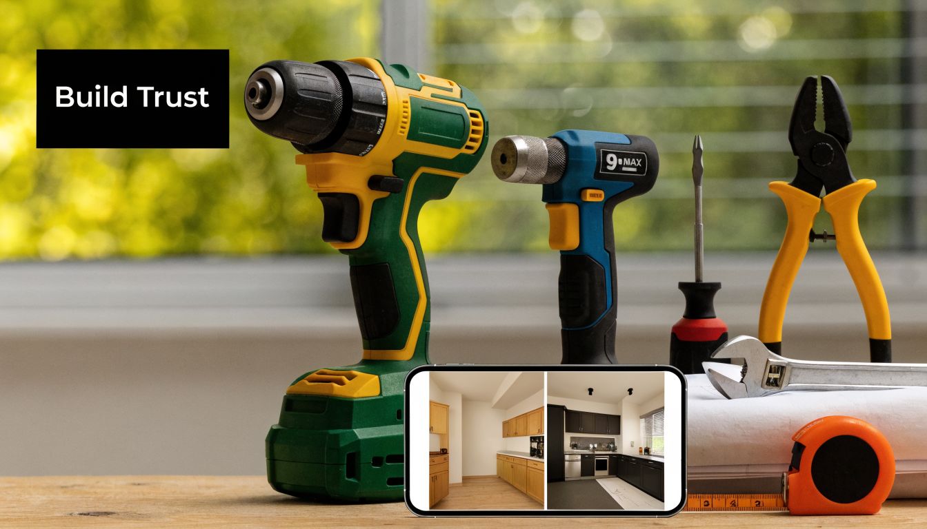 An array of construction tools and a smartphone displaying kitchen remodeling photos on a wooden table.