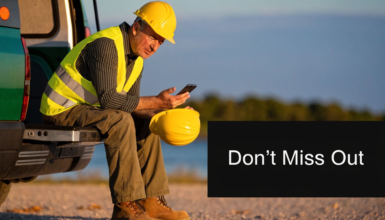 A construction worker in a high-visibility vest sits on a truck bed checking his smartphone.
