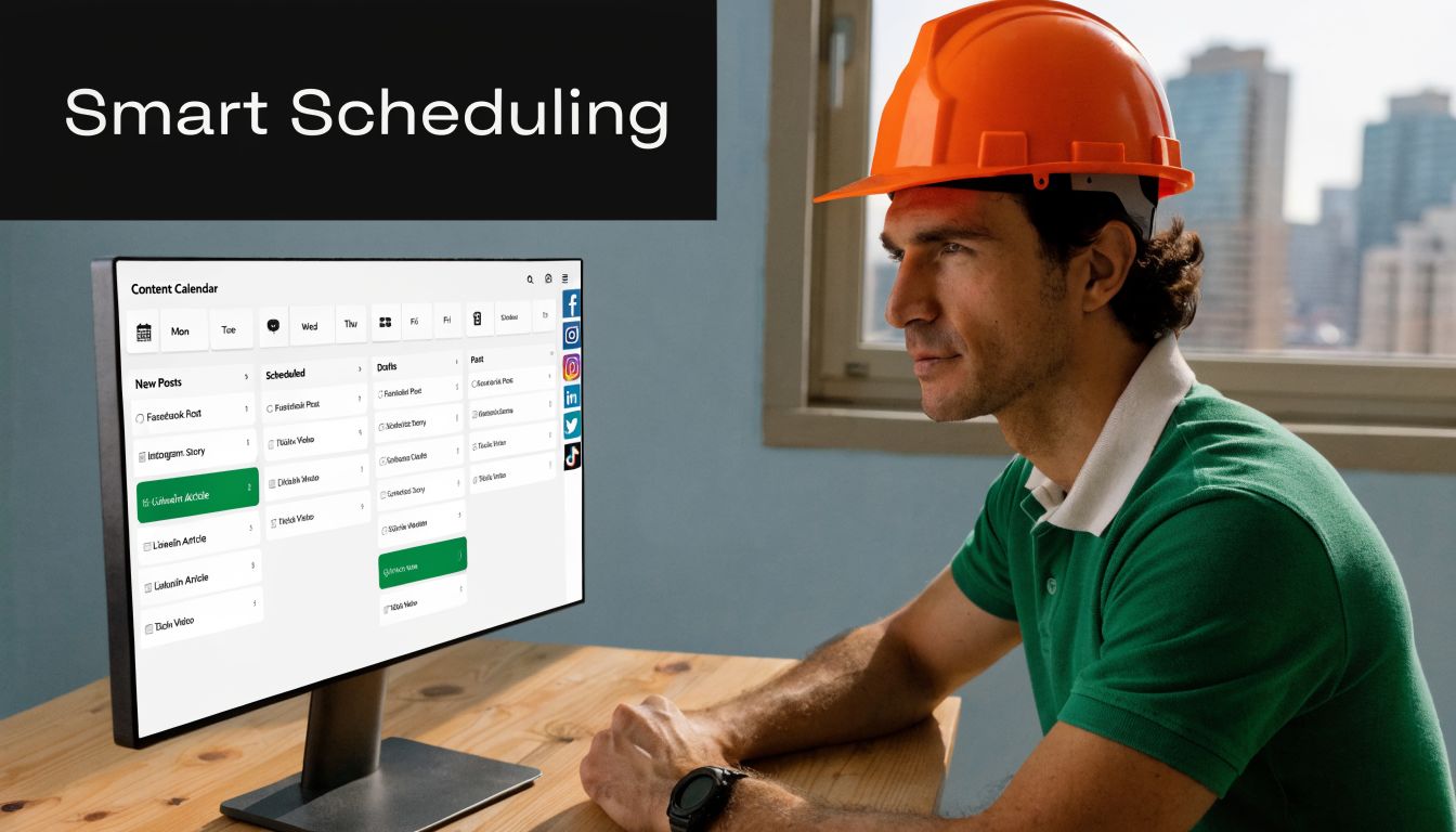 A professional construction worker using a computer for social media marketing and content planning at a desk.