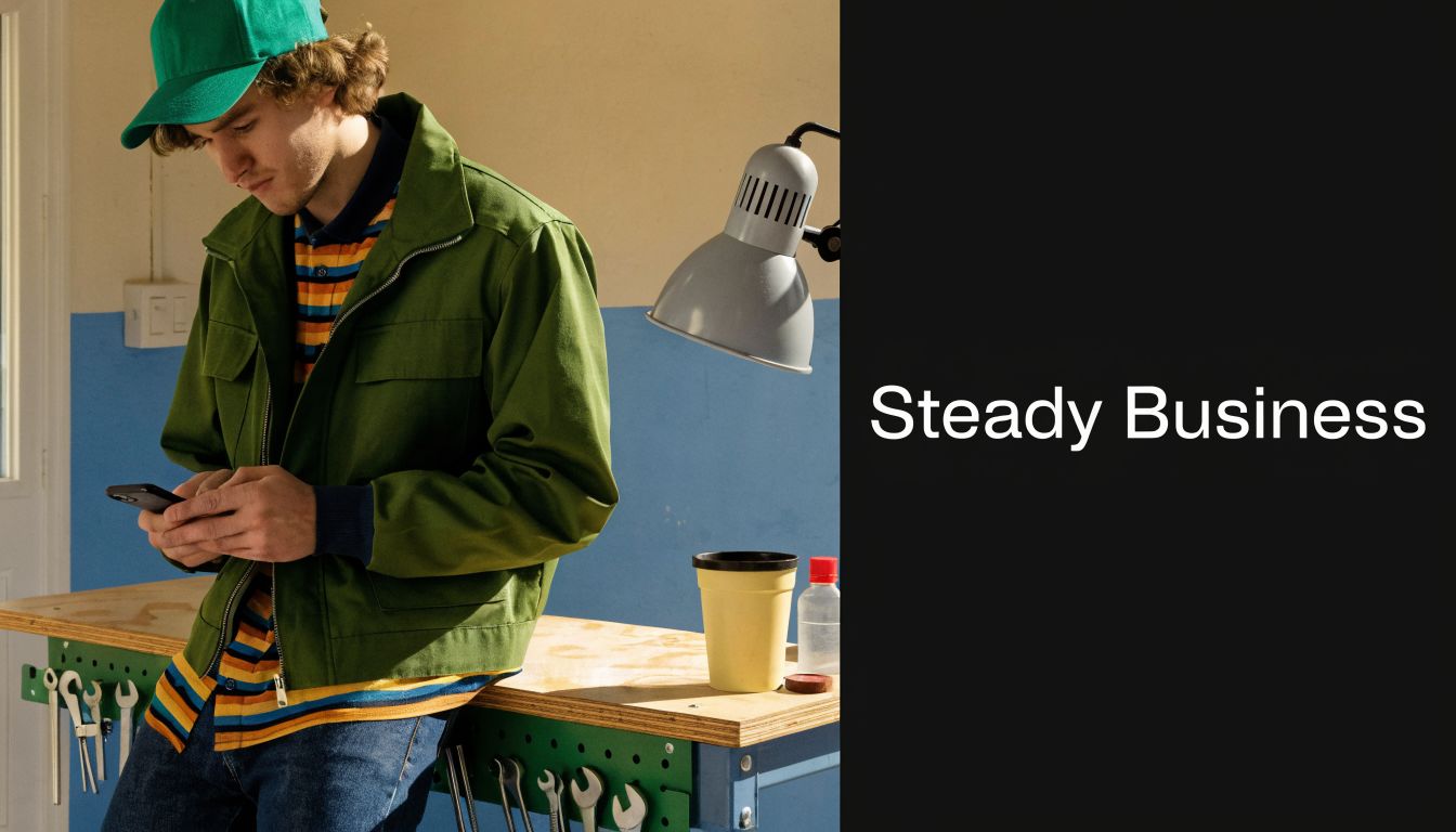 A young man wearing a green cap and jacket checking his phone in a workshop, text says Steady Business.