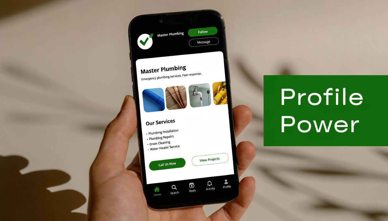 A hand holding a smartphone displaying a professional plumbing business profile on a social media app.