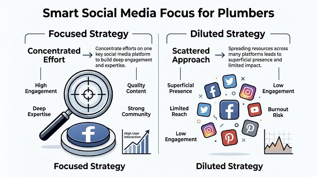 A comparison infographic showing a focused versus diluted social media marketing strategy for professional plumbers.