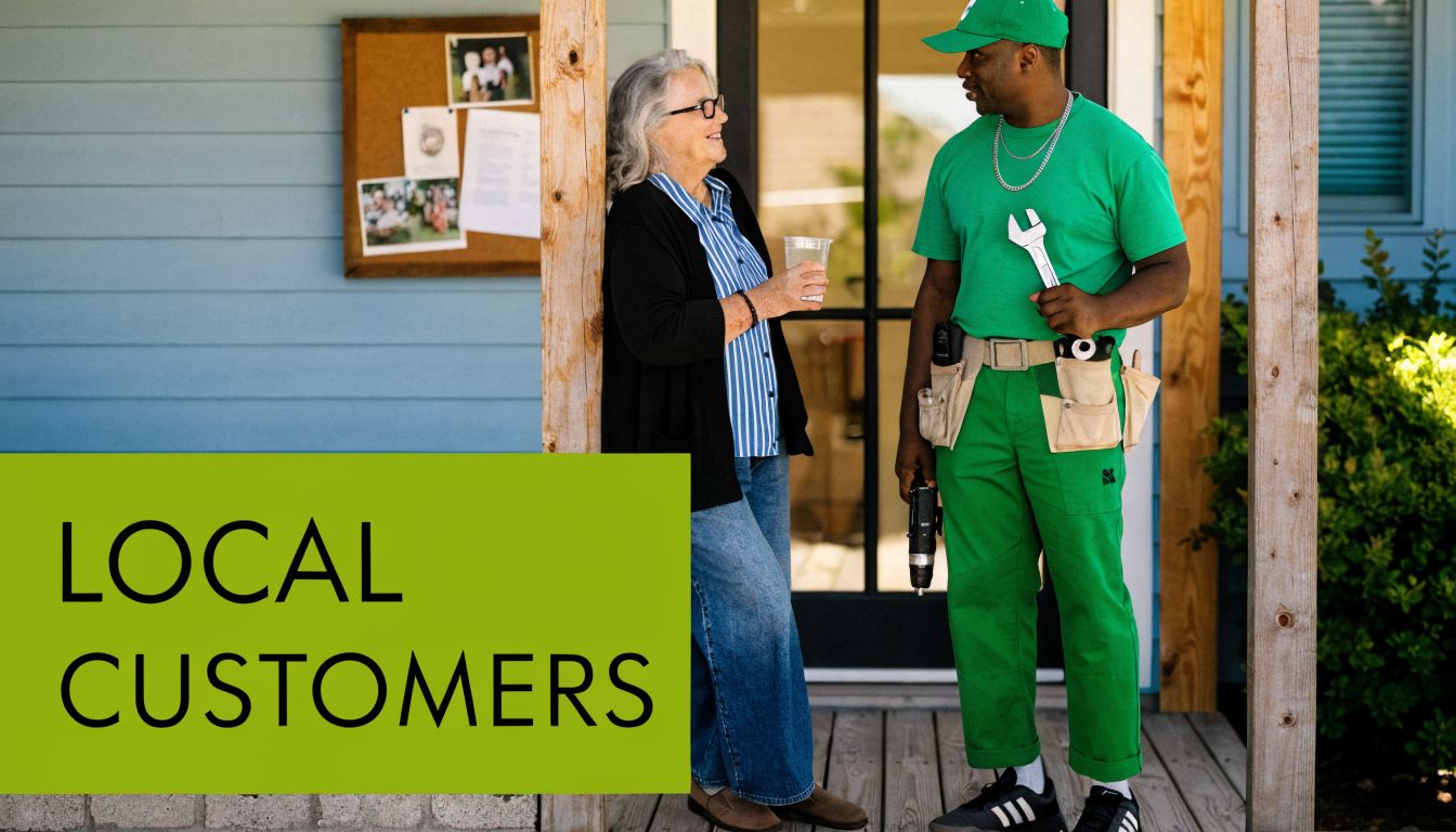A friendly handyman wearing a green uniform holding a wrench conversing with a senior customer at home.