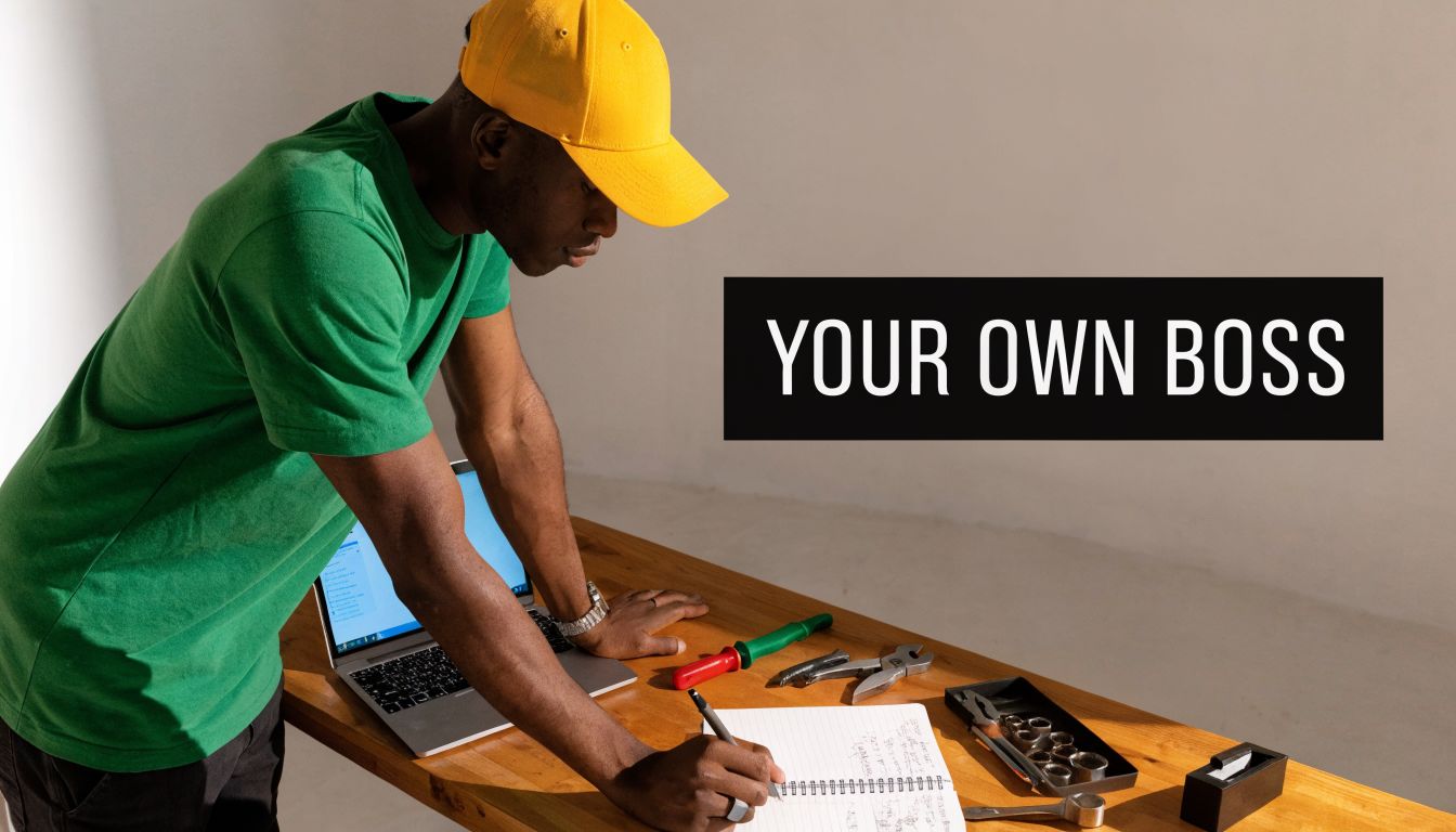 A handyman in a yellow cap working at a wooden desk with tools and a laptop.