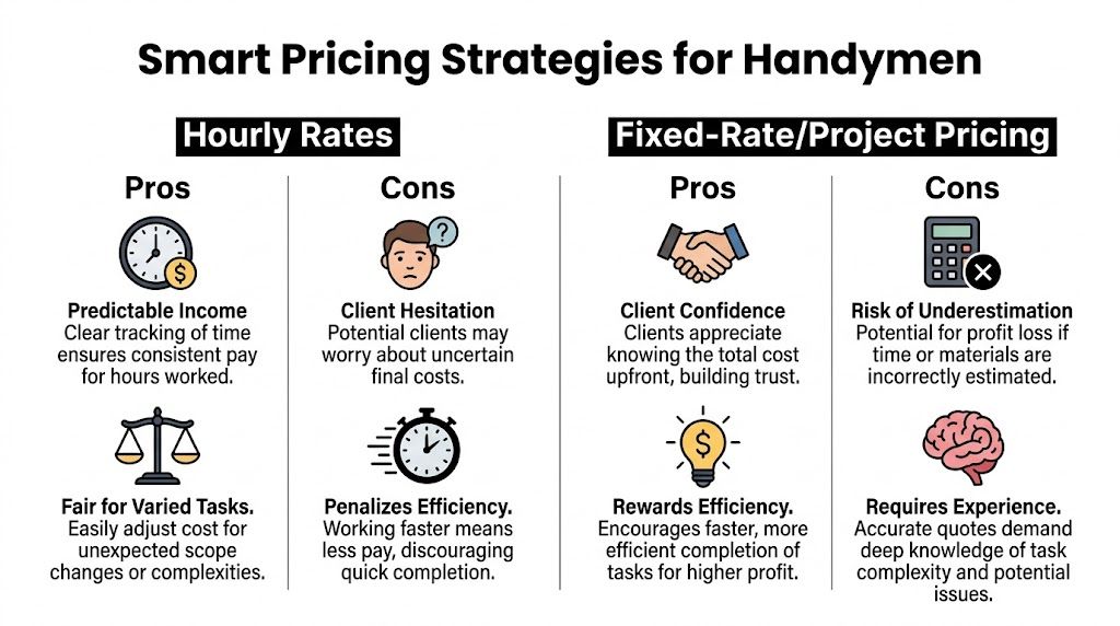 A comparison chart outlining the pros and cons of hourly rates versus fixed-rate pricing for handyman businesses.