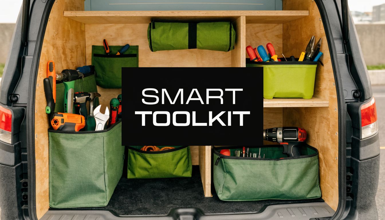 Organized collection of professional tools in green storage bags inside a van, ready for a handyman business.