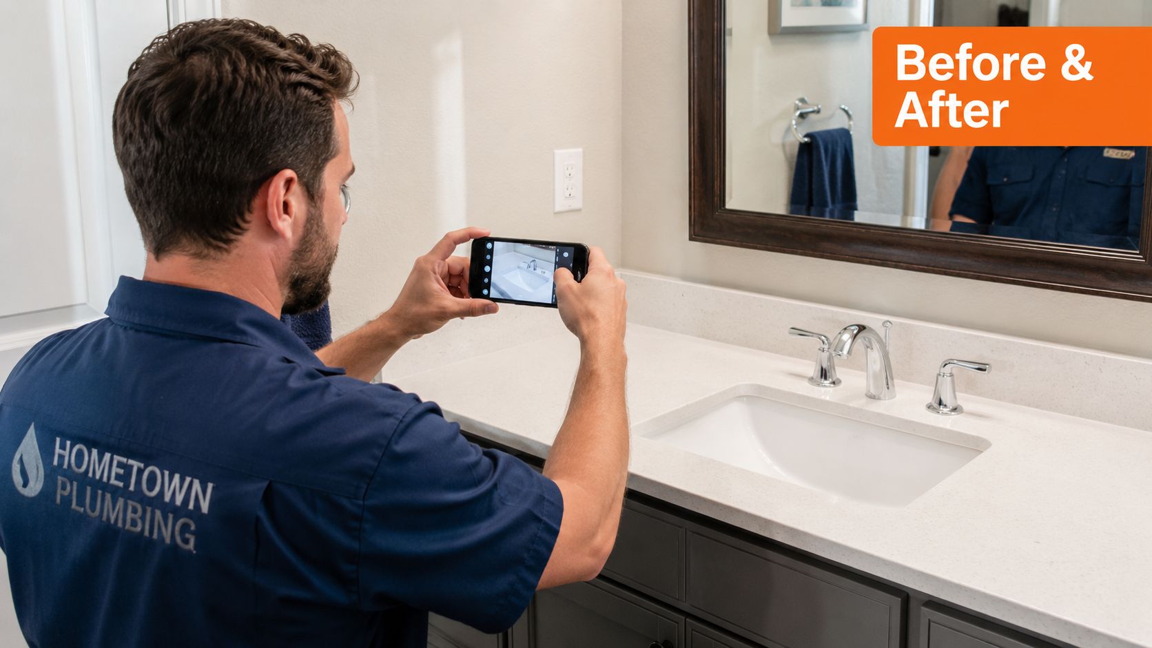 A professional plumber taking a photo of a bathroom sink installation for a service portfolio.