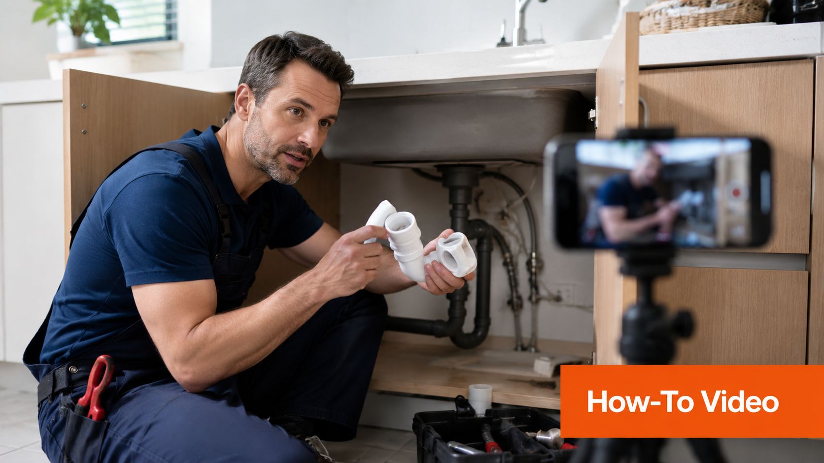 A professional plumber filming a how-to tutorial video while repairing a kitchen sink pipe.