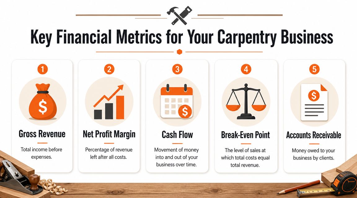 An infographic displaying five essential financial metrics for running a successful carpentry business.