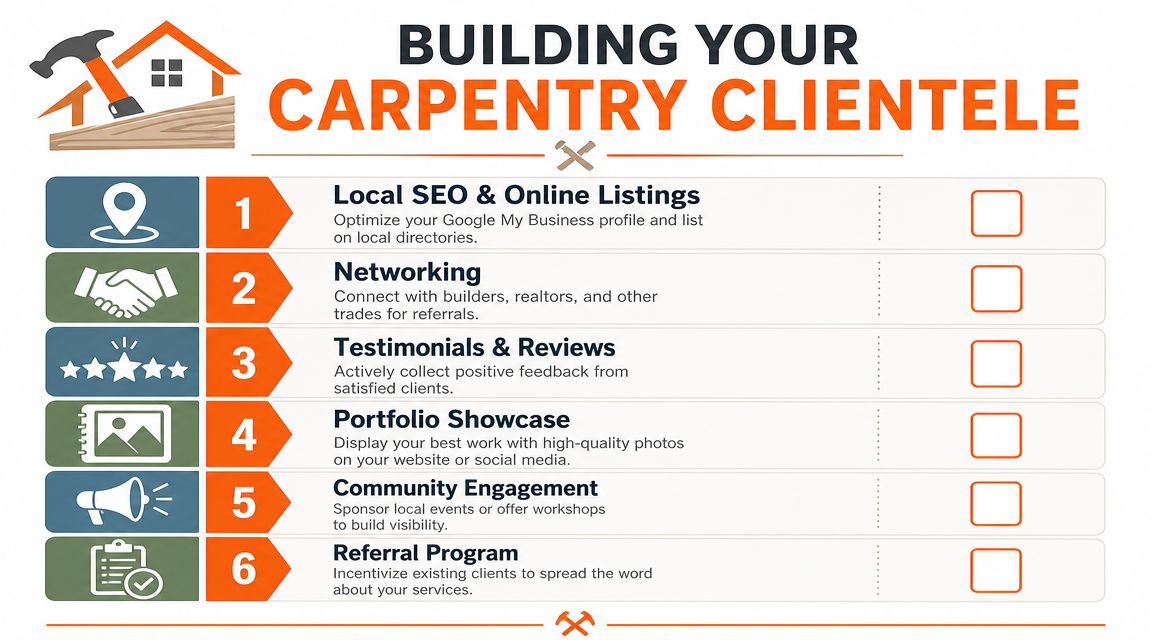 An infographic titled Building Your Carpentry Clientele, featuring six numbered strategies for growing a woodworking business.