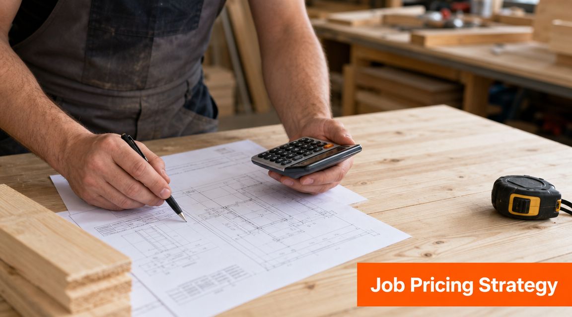 A professional woodworker calculating project costs on a blueprint using a calculator and pen.