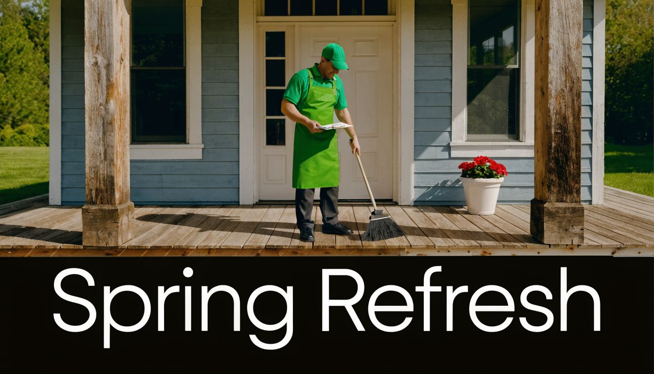 A professional cleaning service worker in a green uniform sweeping a wooden porch in front of a house.