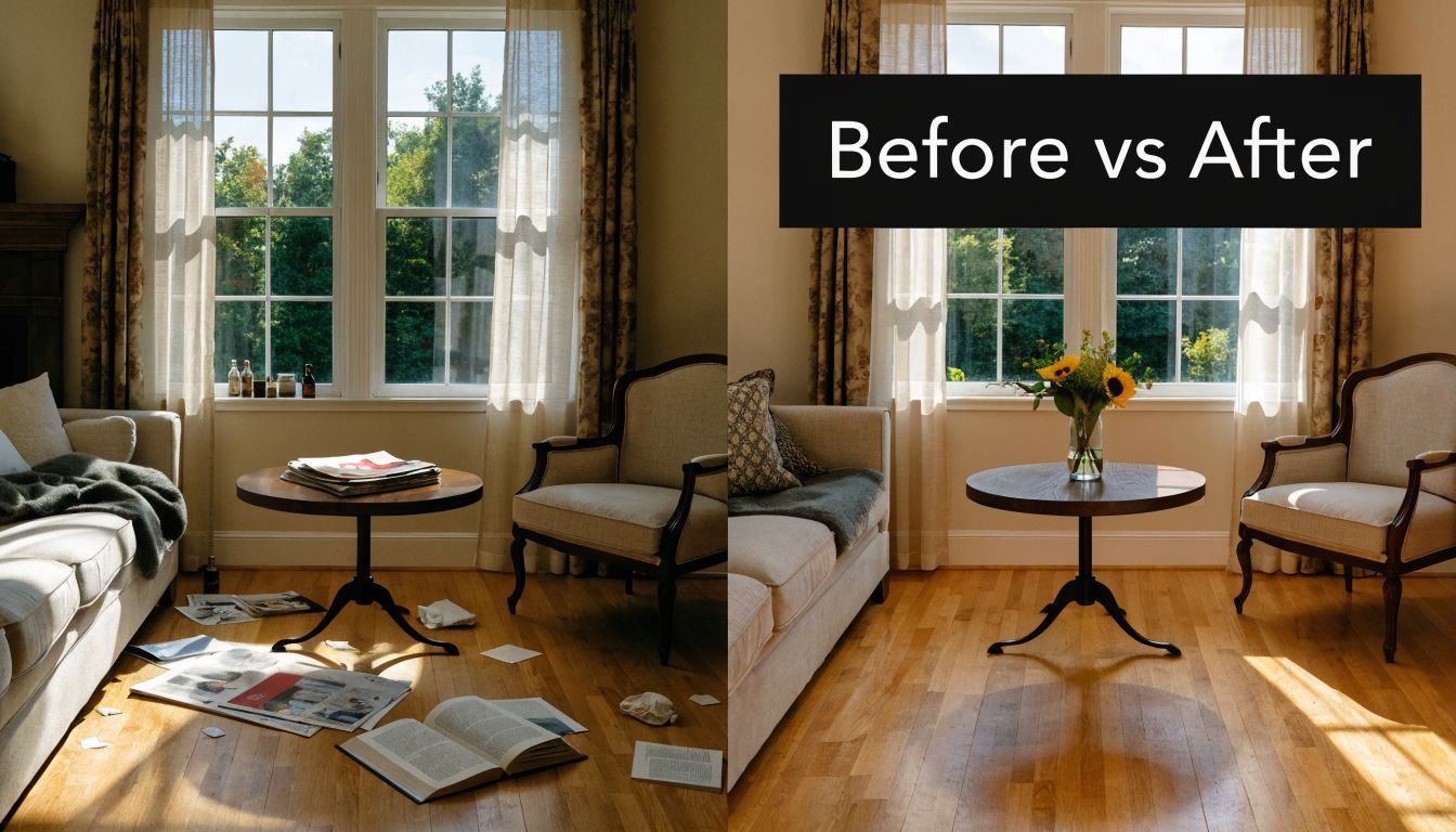 A split view comparison of a messy living room before cleaning versus the same room after cleaning.