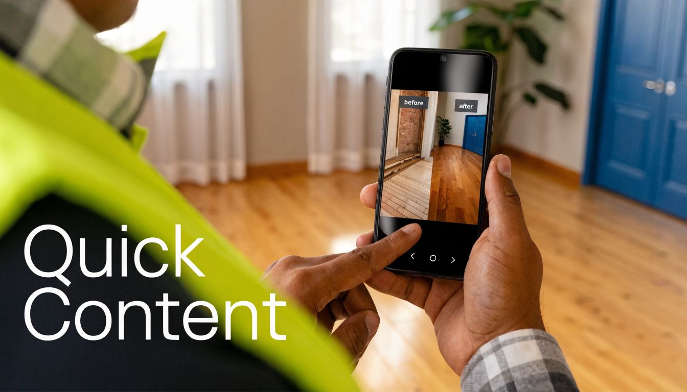 A contractor using a smartphone to display a before and after comparison of a hardwood floor renovation.